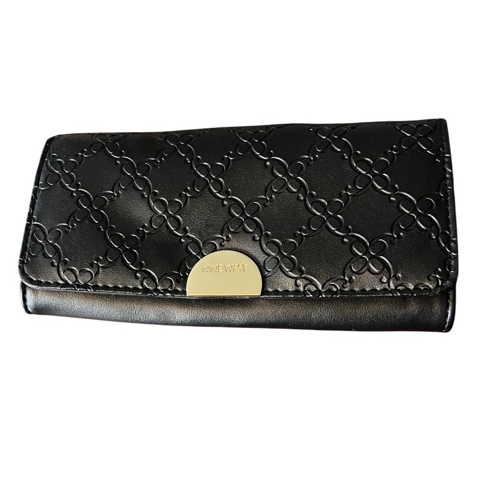 Nine West Black Embossed Logo Continental Wallet Clutch Foldover Snap Closure